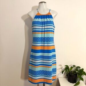 J. McLaughlin Blue & Orange Striped Halter Tie Back Performance Soft Mini Dress